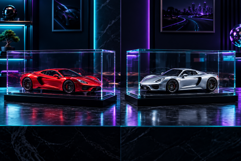 Red and silver model cars displayed side by side in clear cases with cyan, violet and lime lighting