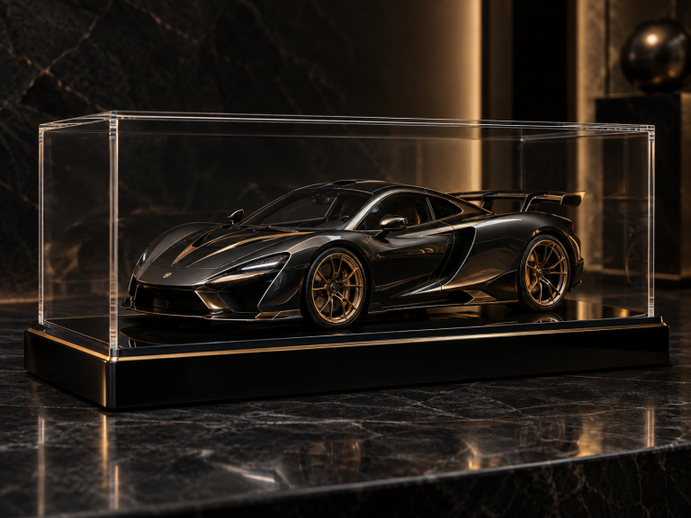 Premium clear acrylic display case showcasing a collector model car