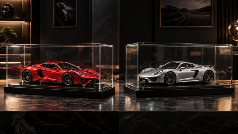 Acrylic and glass model car display cases shown side by side in a premium dark studio