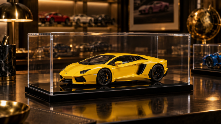 Yellow 1:43 scale model supercar inside a clear acrylic display case in a premium collector setting