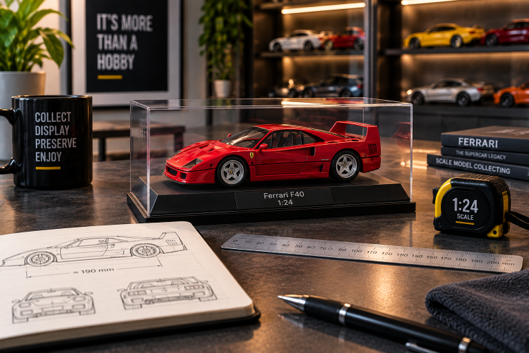 Red 1:24 scale model car inside a clear acrylic display case with scale measuring tools in a collector workspace
