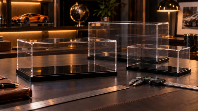 Different sized clear acrylic model car display cases on a collector desk with measuring tools