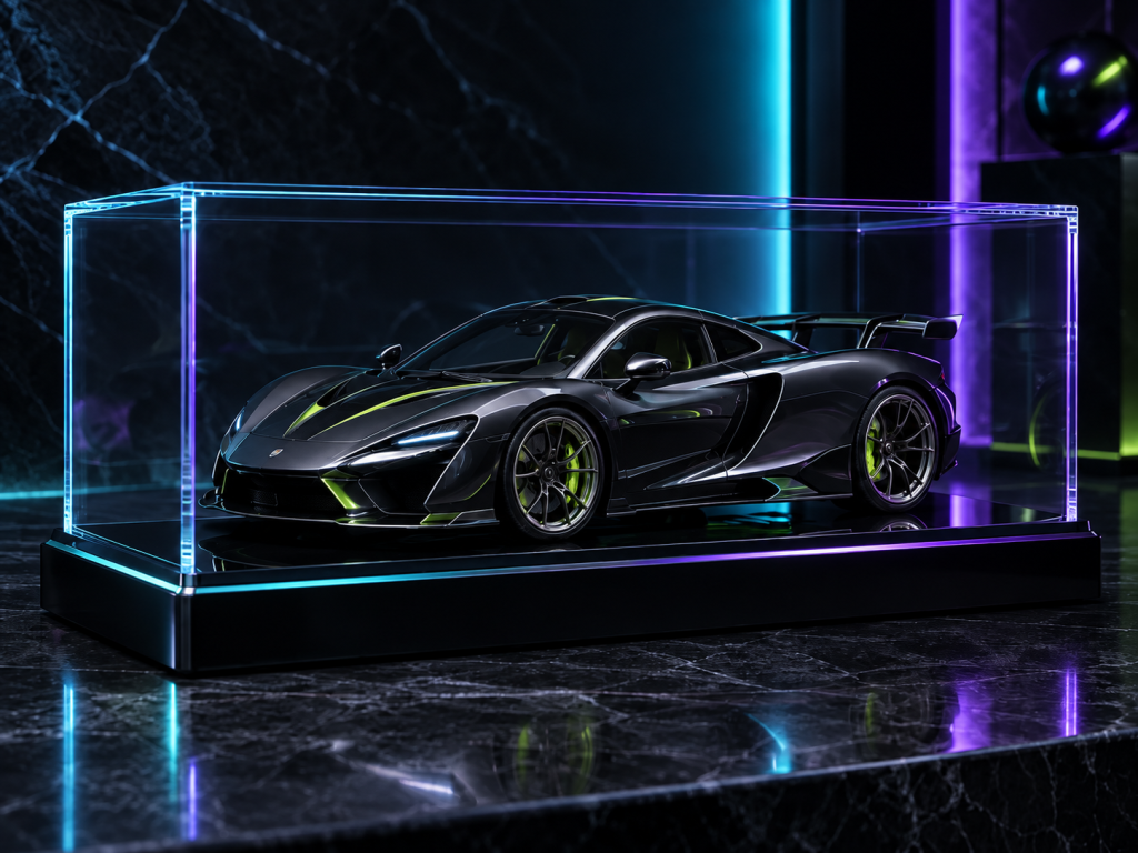 Black performance model car displayed in a clear acrylic case with cyan, violet and lime lighting
