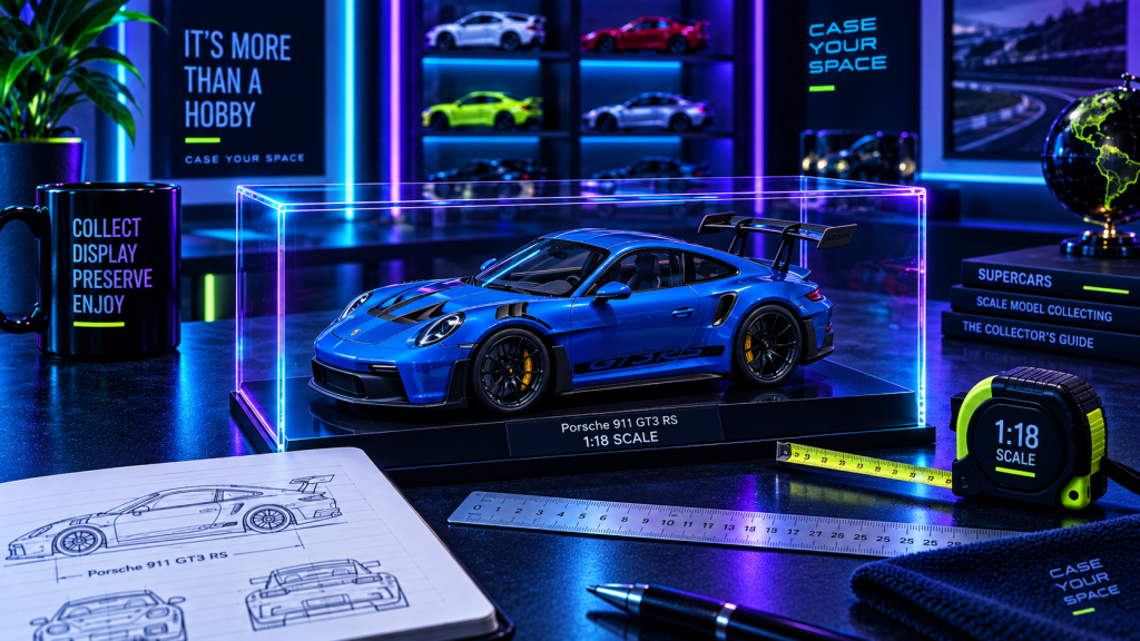 1:18 scale blue performance model car displayed in a clear acrylic case with cyan, violet and lime lighting