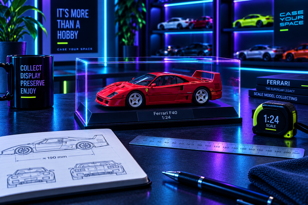 1:24 scale Ferrari F40 model car displayed in a clear acrylic case with cyan, violet and lime lighting