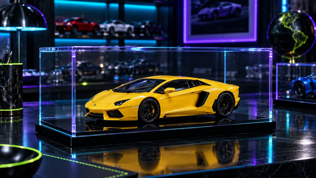 1:43 scale yellow supercar model displayed in a clear acrylic case with cyan, violet and lime lighting