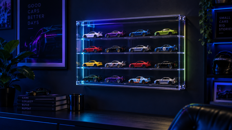 Wall-mounted collection of 1:64 scale model cars displayed in a clear acrylic case with cyan, violet and lime lighting