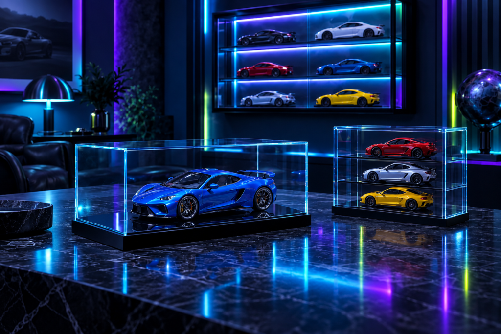 Model car collection displayed in clear acrylic cases with cyan, violet and lime lighting