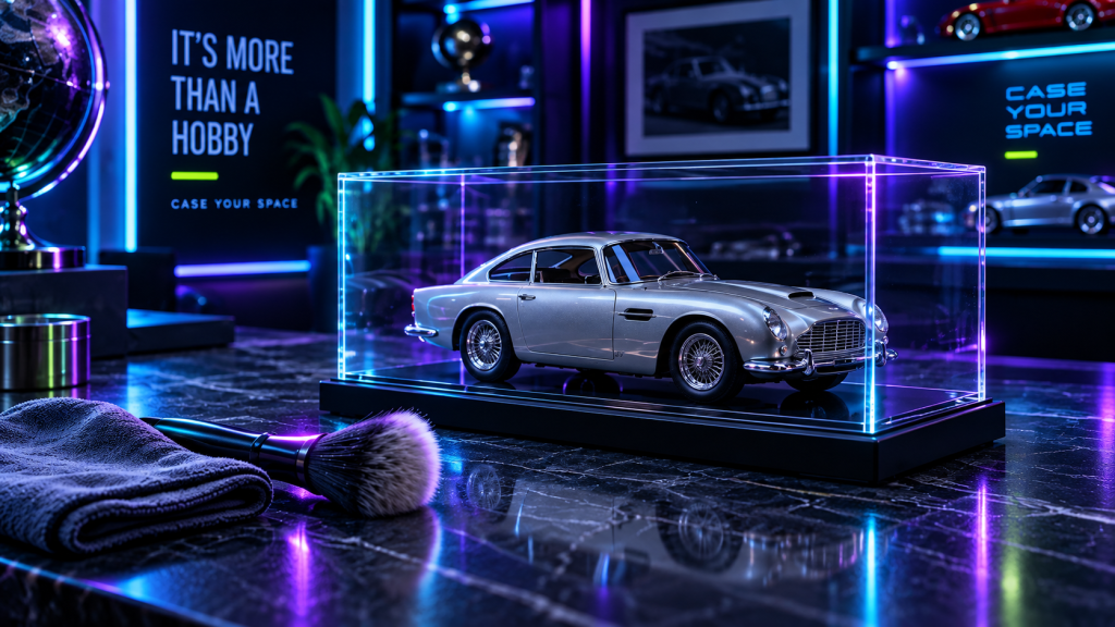 Silver classic model car protected in a clear acrylic display case with cyan, violet and lime lighting, detailing brush and cleaning cloth