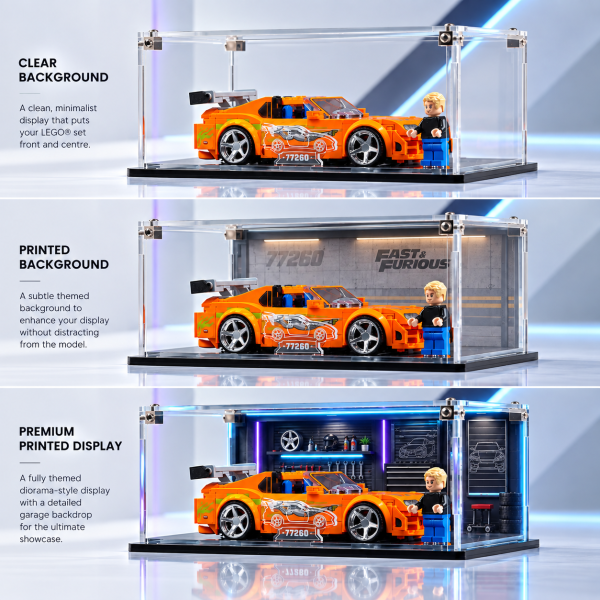 Comparison of clear background, printed background and premium printed display case options for LEGO Speed Champions Toyota Supra MK4 set 77260