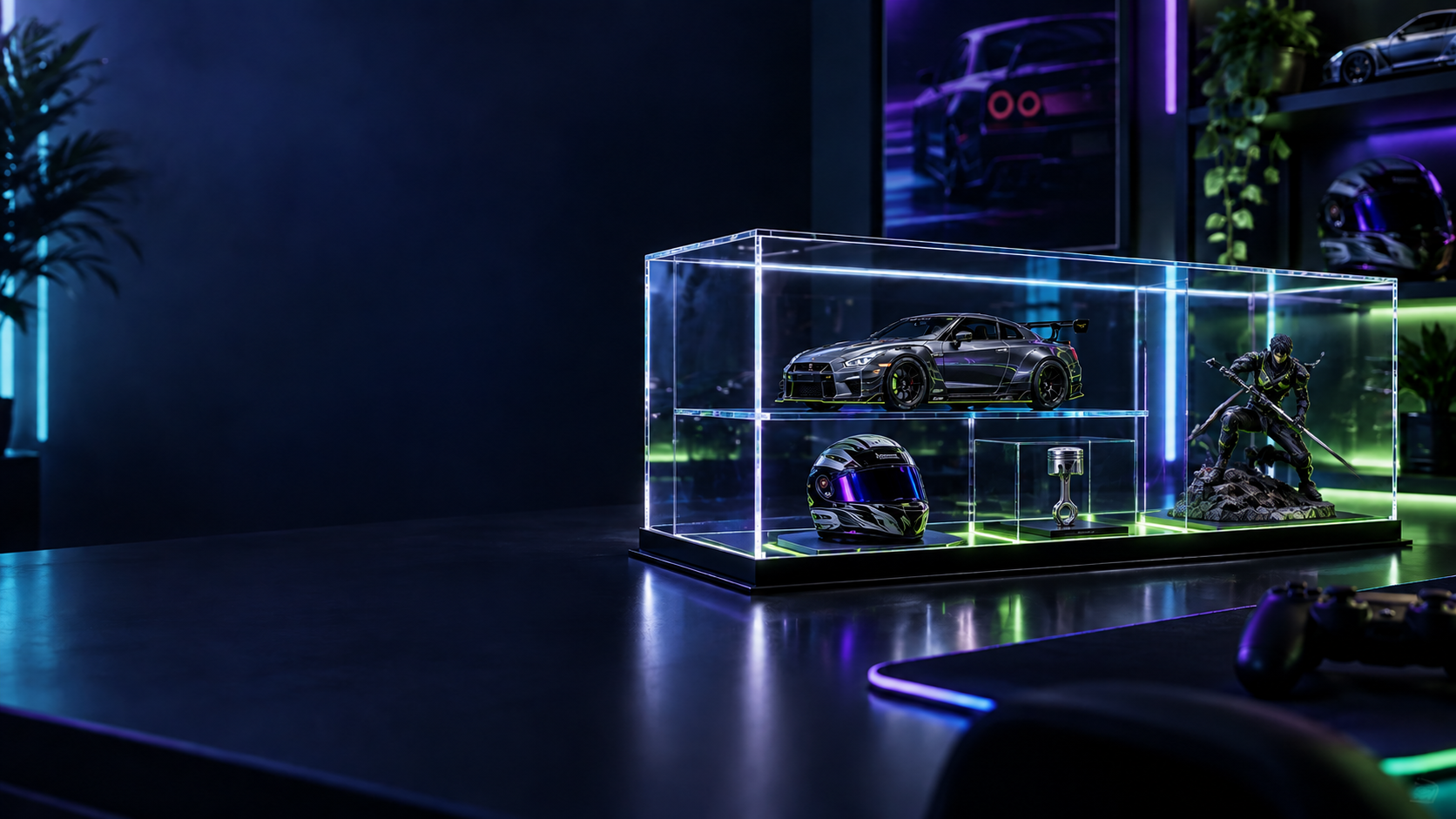 Model car displayed in a clear acrylic collector case with cyan, violet and lime lighting