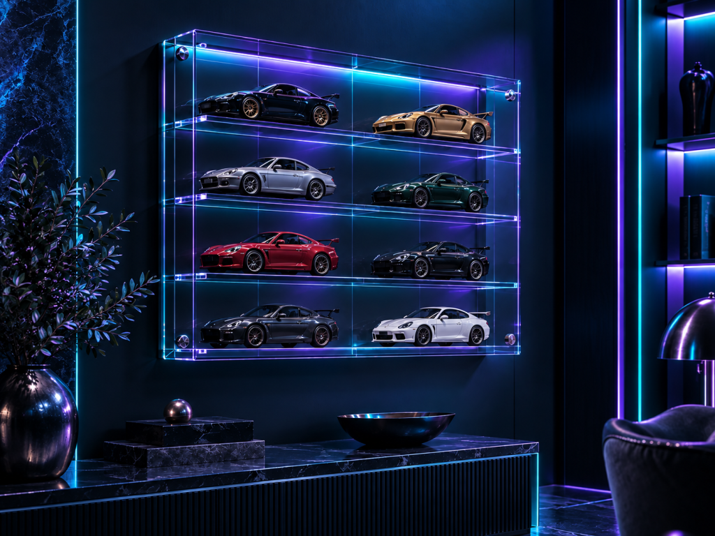 Wall-mounted collection of model cars displayed in a clear acrylic case with cyan and violet lighting