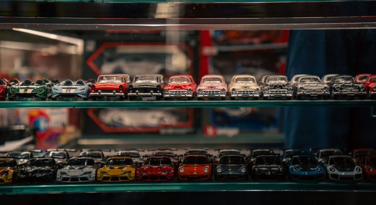Collection of model cars displayed on shelves