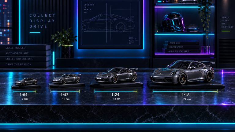 Four model cars comparing 1:64, 1:43, 1:24 and 1:18 scales with cyan, violet and lime lighting