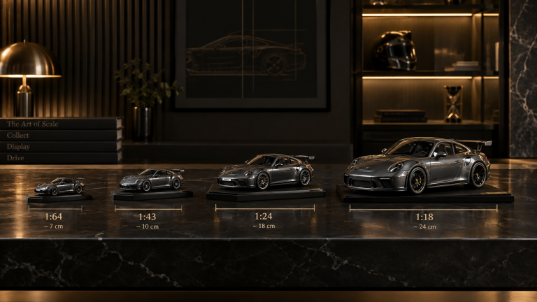 Model car scale comparison showing 1:64, 1:43, 1:24 and 1:18 scale cars side by side