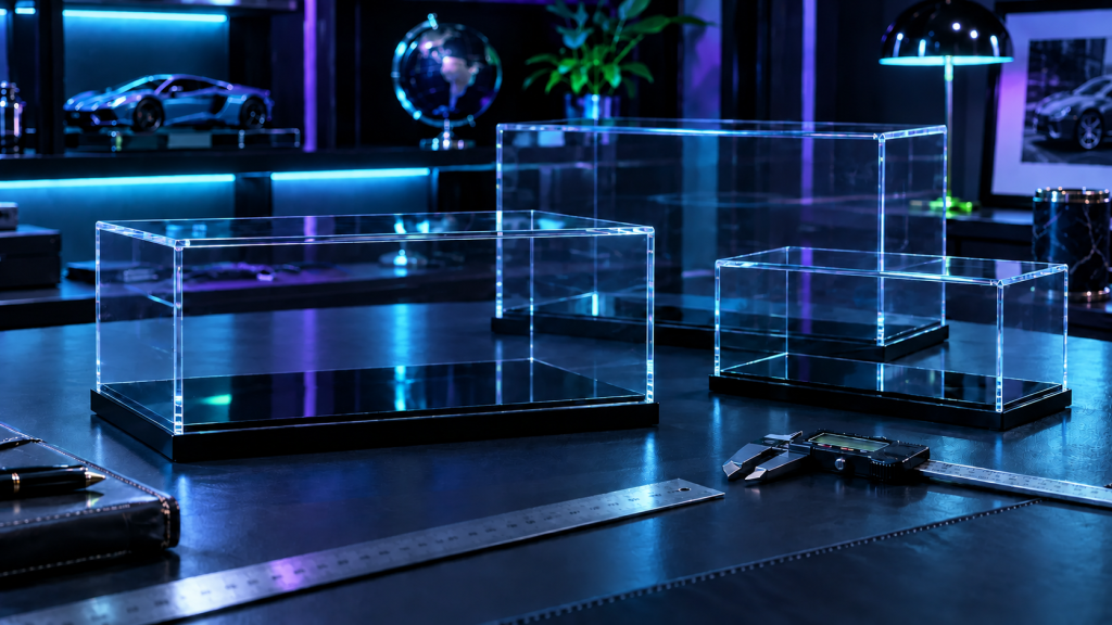 Clear acrylic model car display cases in different sizes with cyan, violet and lime lighting