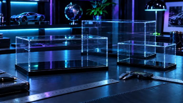 Clear acrylic model car display cases in different sizes with cyan, violet and lime lighting